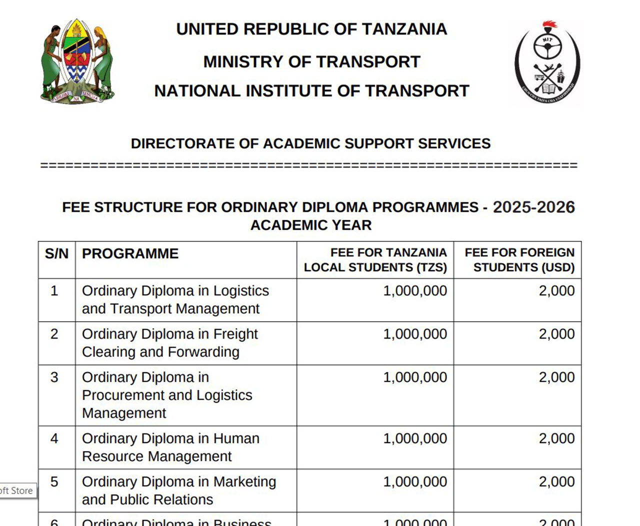 Ada Chuo Cha Usafirishaji NIT 2025/2026 Kozi za Diploma